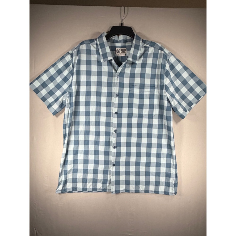 Marmot Mountain Works Mens XL Blue Gingham Check Short Sleeve Button Up Shirt